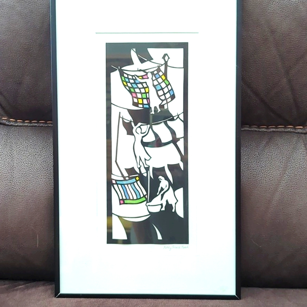 Framed Cut-Out Artwork-Kathy Trexel Reed. Silhouettes of ladies hanging laundry.